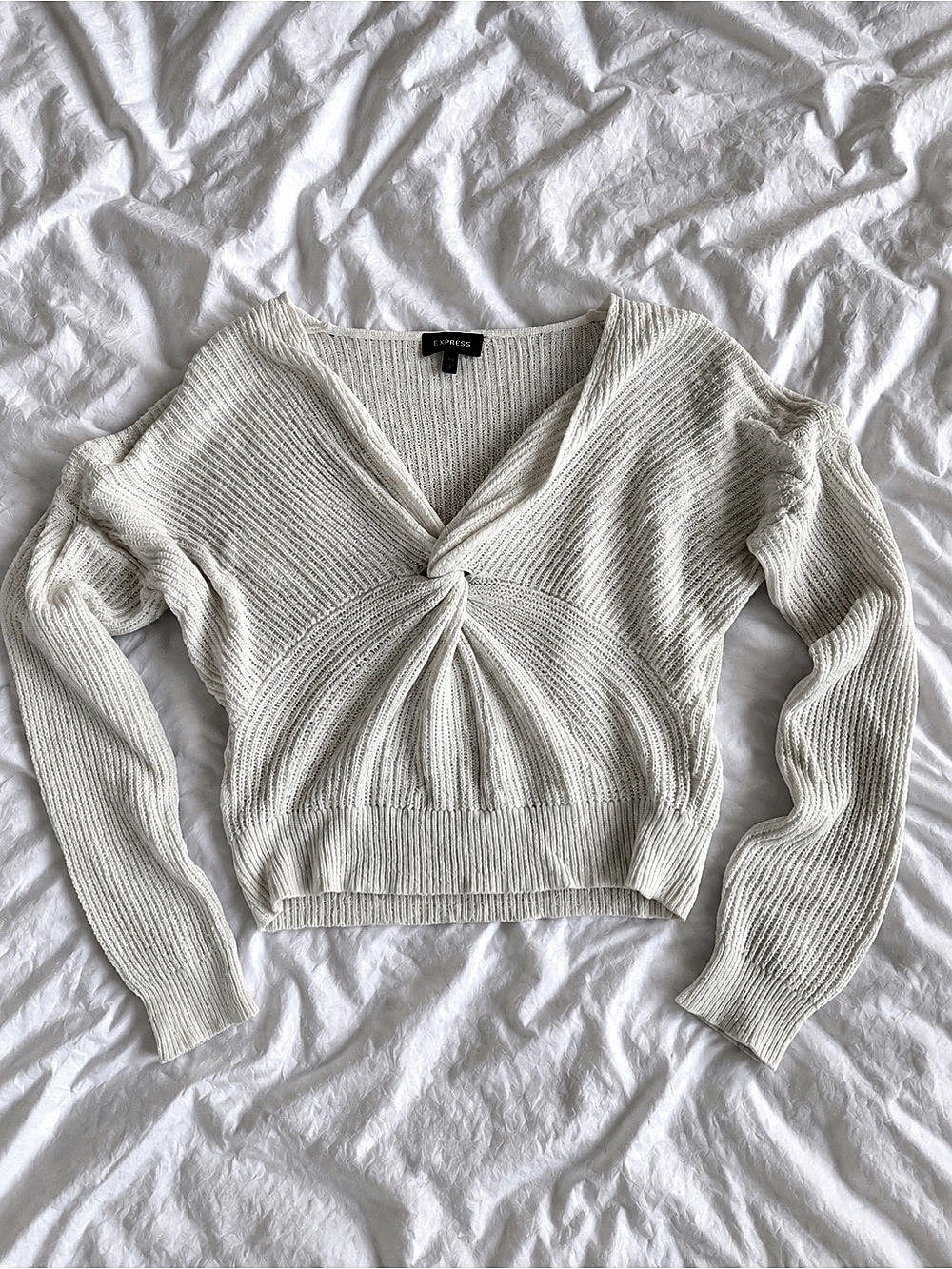 Express Ribbed Twist Front V-Neck Sweater White
